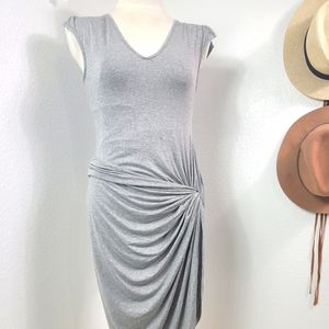 AAKAA SIDE KNOT GATHERED V NECK CAP SLEEVE DRAPE MIDI DRESS sz SMALL